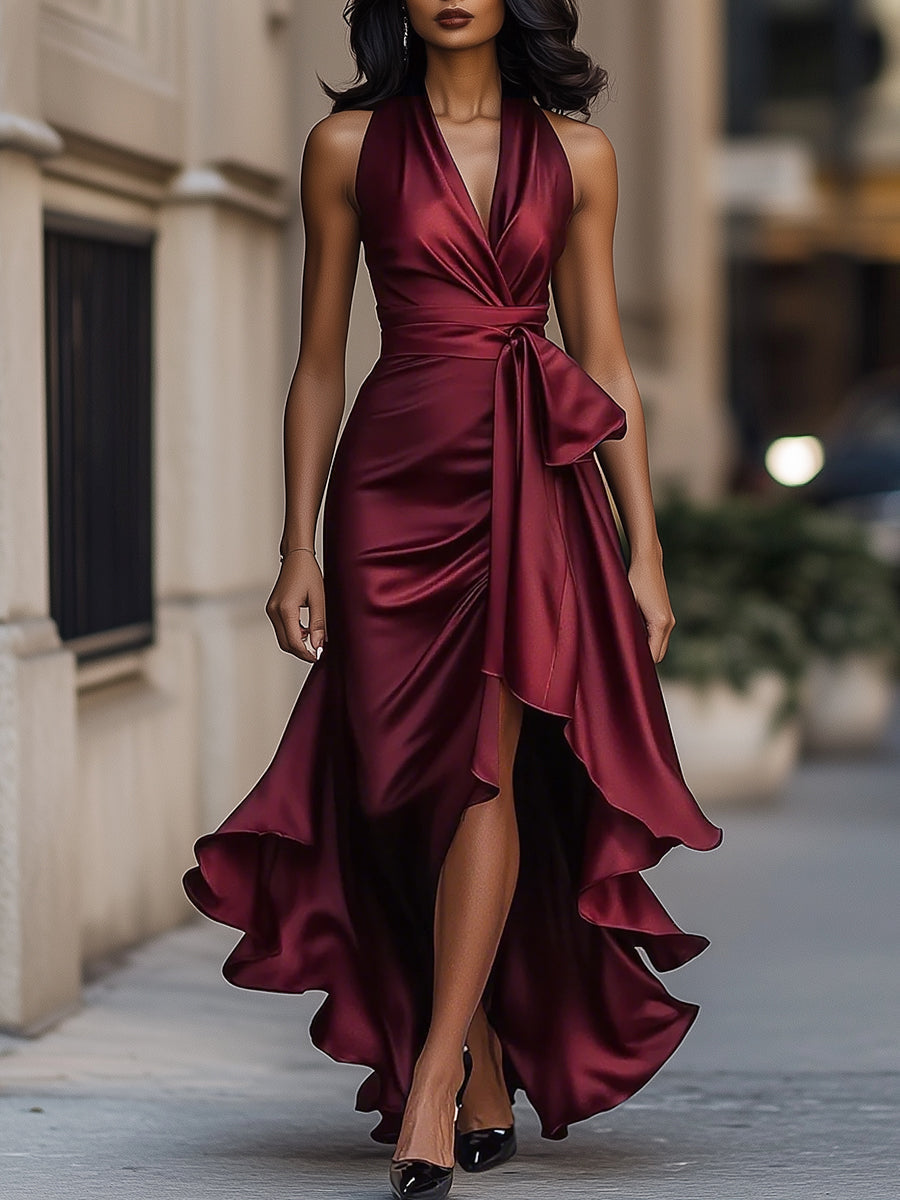 Abito Drappeggiato in Satin con Vita Sottolineata