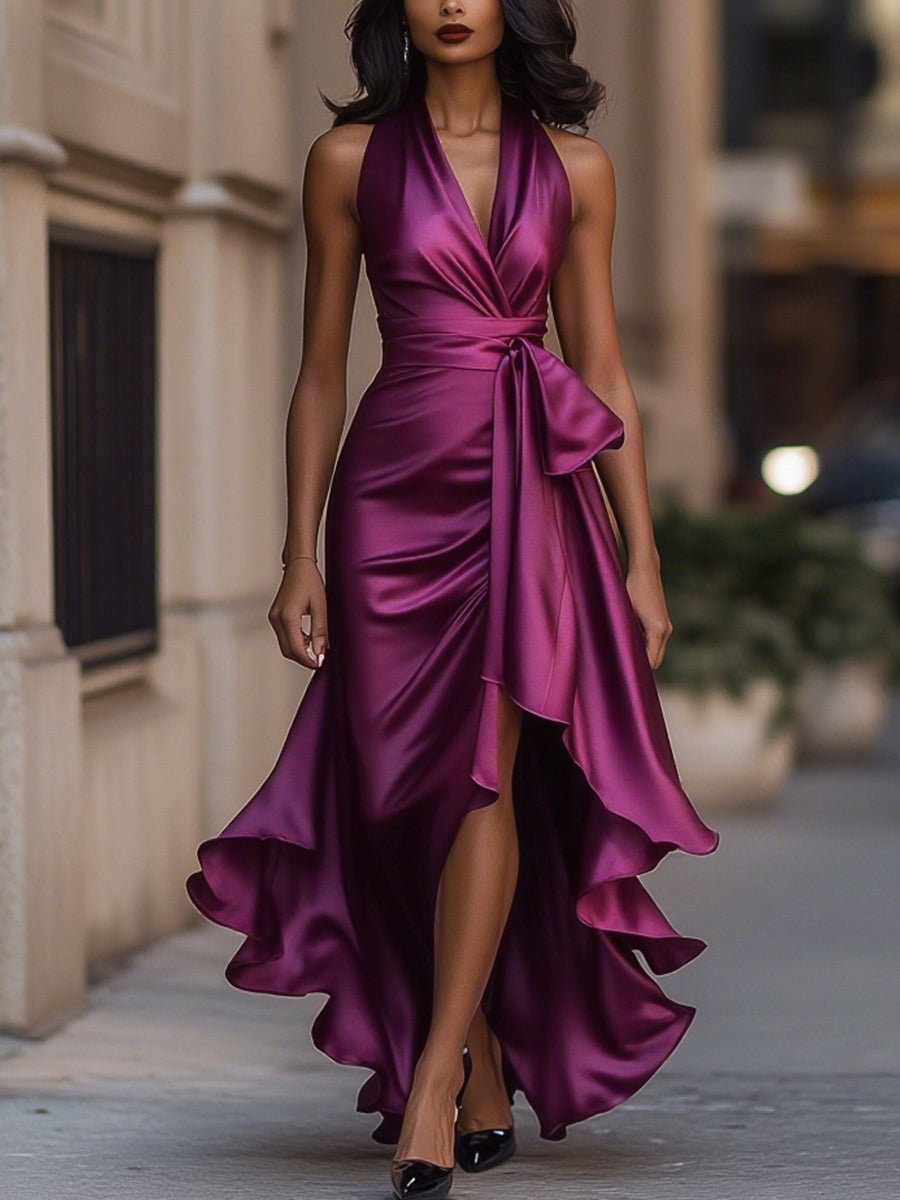 Abito Drappeggiato in Satin con Vita Sottolineata