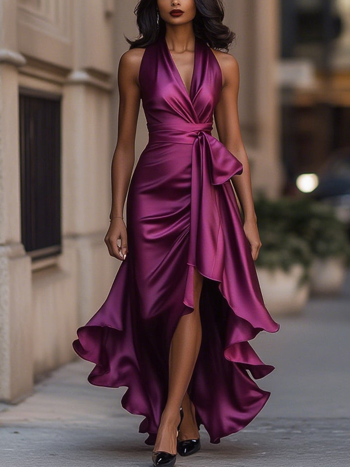 Abito Drappeggiato in Satin con Vita Sottolineata
