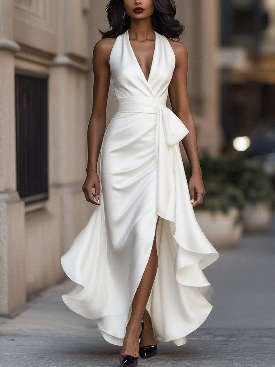 Abito Drappeggiato in Satin con Vita Sottolineata