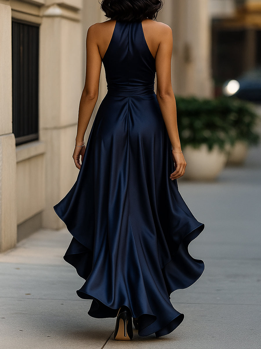 Abito Drappeggiato in Satin con Vita Sottolineata