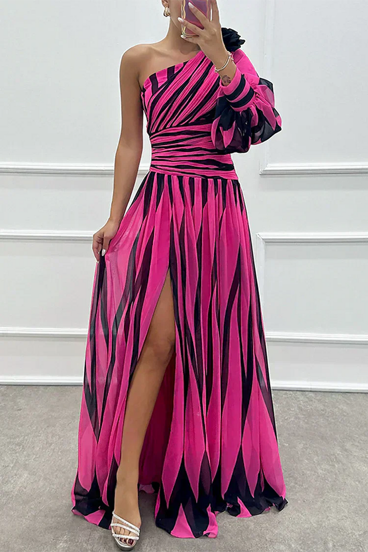 Hazel™ | Elegante Maxi Abito a Strisce con Spalla Scoperta
