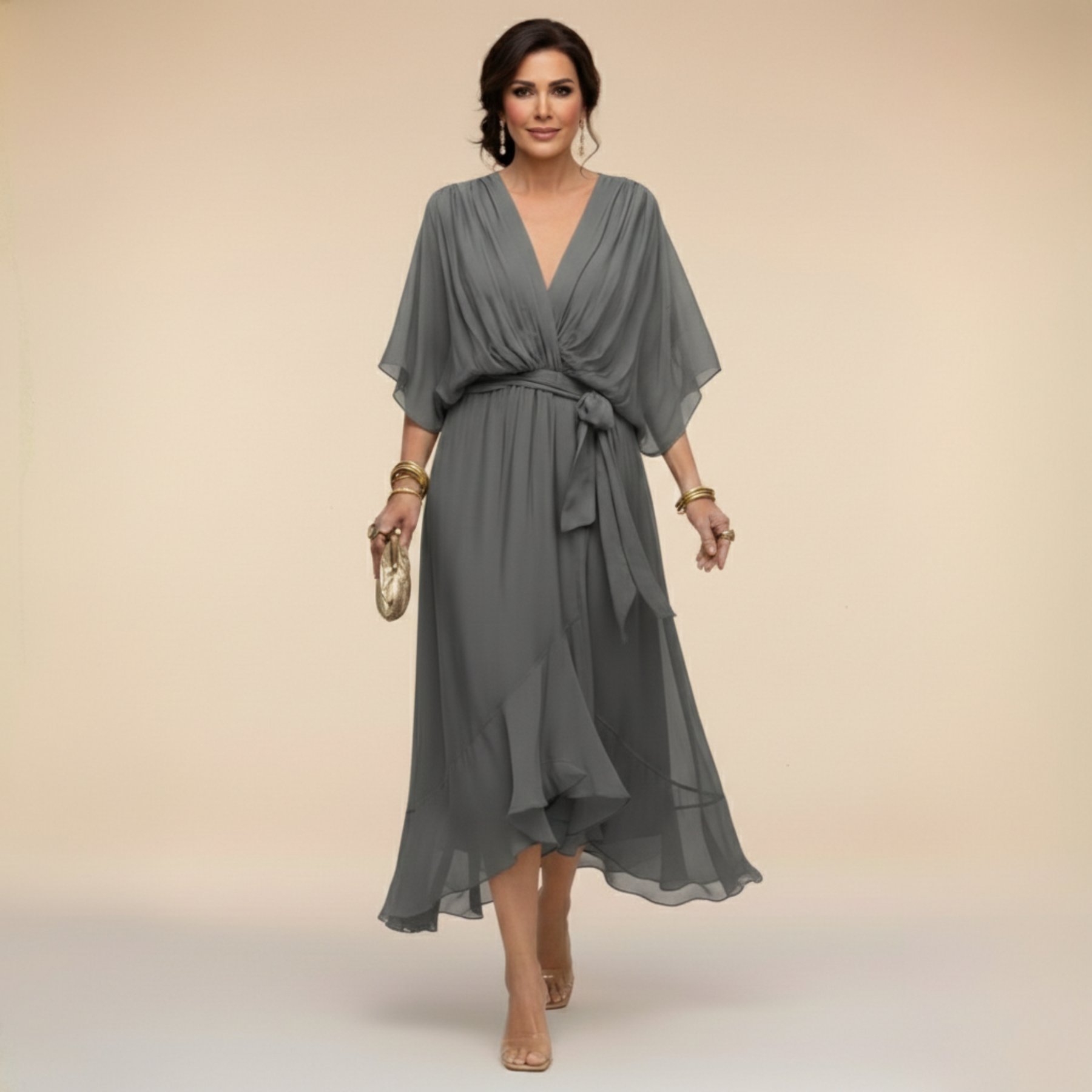 Abito in Chiffon con Scollatura a V