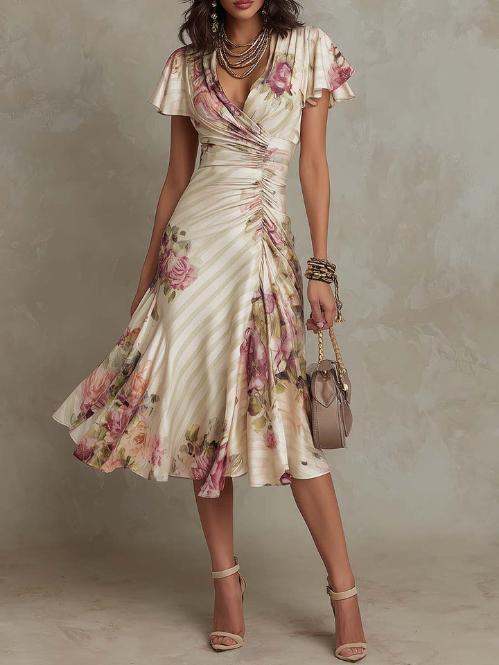 Abito Floreale Drappeggiato Elegante Camille