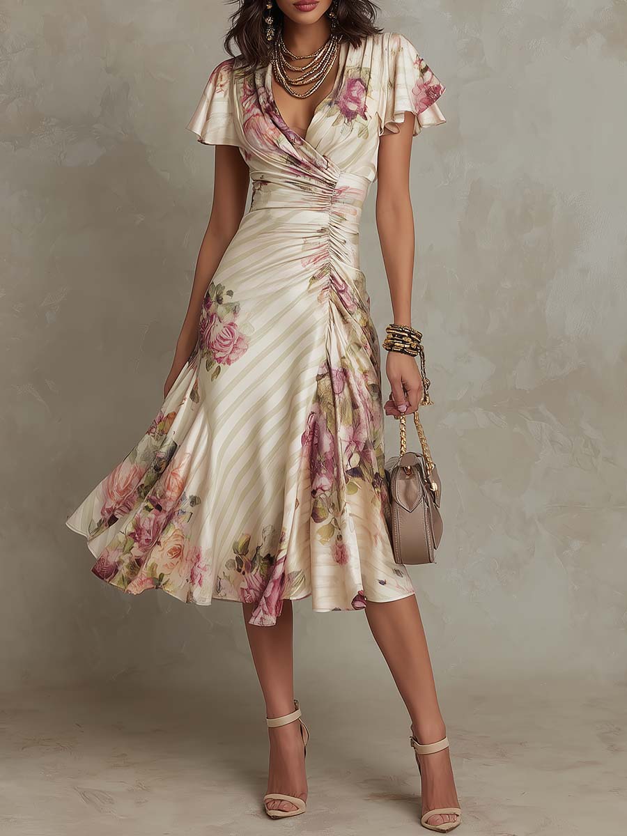Abito Floreale Drappeggiato Elegante Camille